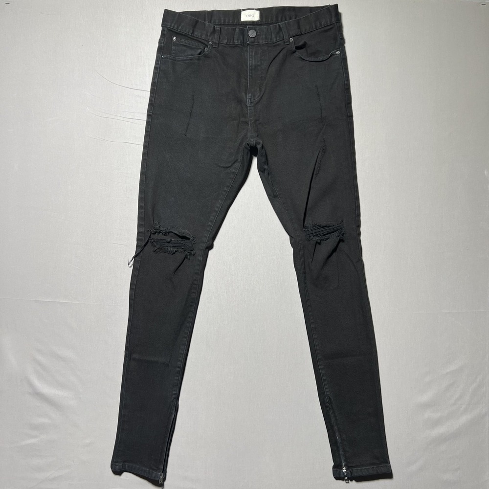 Oro Los Angeles Jeans Mens 34 Black Distressed Skinny Stretch Zipper Ankle‎ USA